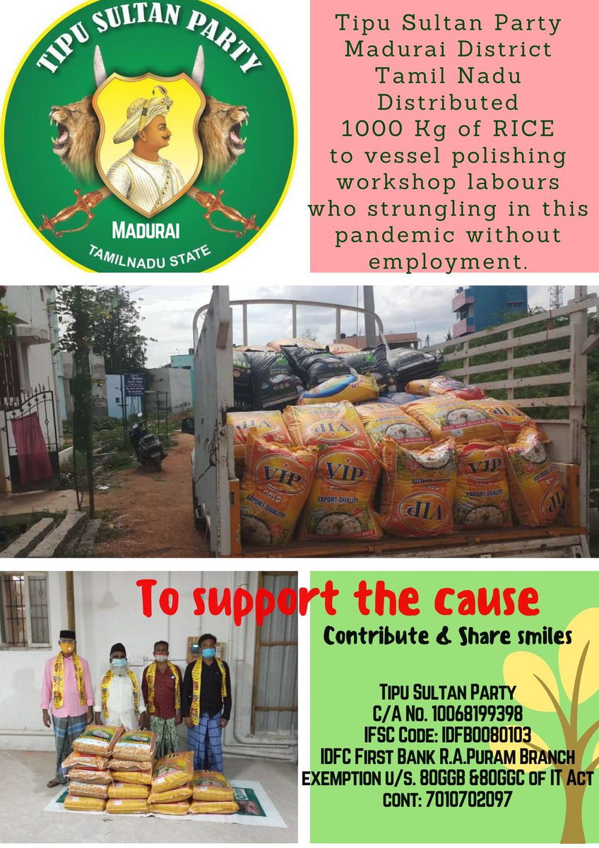 TSP_convenor's tweet photo. #Tipu_Sultan_Party Madurai distributed food grains to daily wage earners through #Building_Bonds
Extend your support to the noble cause https://t.co/VdMpepGvpm
