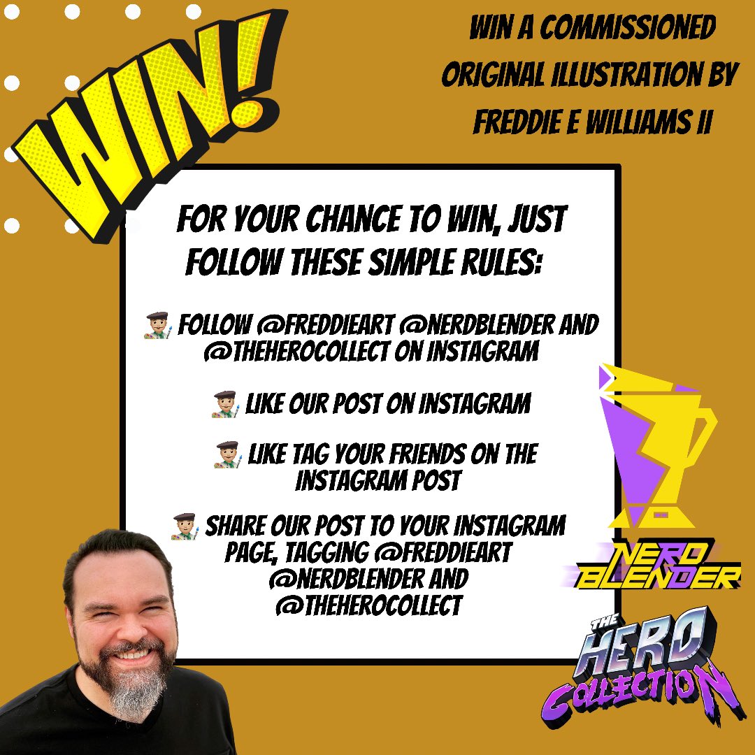 TheHeroCollect's tweet image. So proud to announce our incredible @freddieart #giveaway in conjunction with @Nerdblender 

For your chance to win, head on over to Insta and follow the simple rules laid out in the graphics below! 

#FreddieEWilliamsII #NerdBlender #TheHeroCollection #TeamTHC
