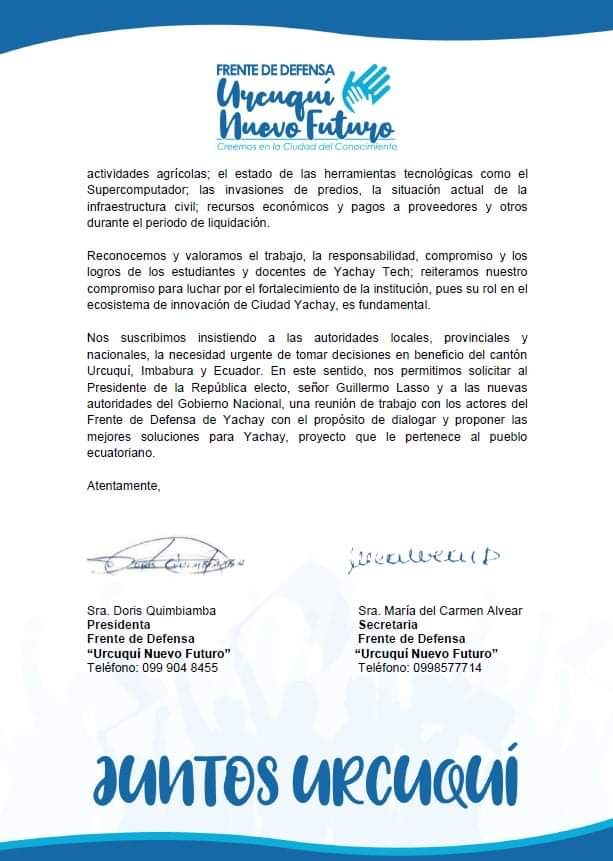 Nos mantenemos firmes por un proyecto de los ecuatorianos. #Yachay #Urcuquí