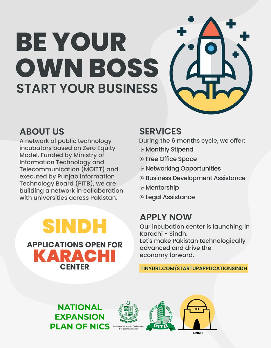 Umairkhan02's tweet photo. Hello Karachiates

Centers of Sindh will be opening in Karachi, Jamshoro, and Sukkur. It is a great opportunity for aspiring entrepreneurs in Sindh.

Interested individuals can apply using the following link:  
https://t.co/gWrlv9R7gb https://t.co/ZnNmPmXwnA