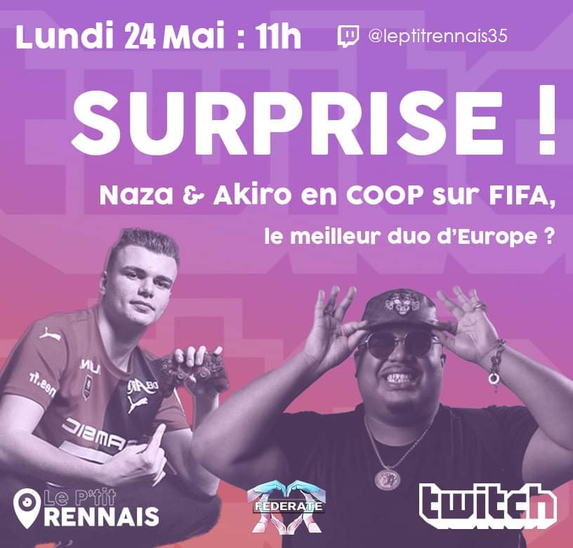 SURPRISE !

<a href="/NazaBomaye/">N A Z A  🤙🏾</a> sera l'invité d'<a href="/AkiroFiFa/">Guewen Masson</a> pour notre lancement sur Twitch lundi à 11h ! 🎮

Branchez vous sur twitch.com/leptitrennais35 💯

#rennes #visitrennes #rennescity #akiro #fifa #fifa21 #twitch #naza