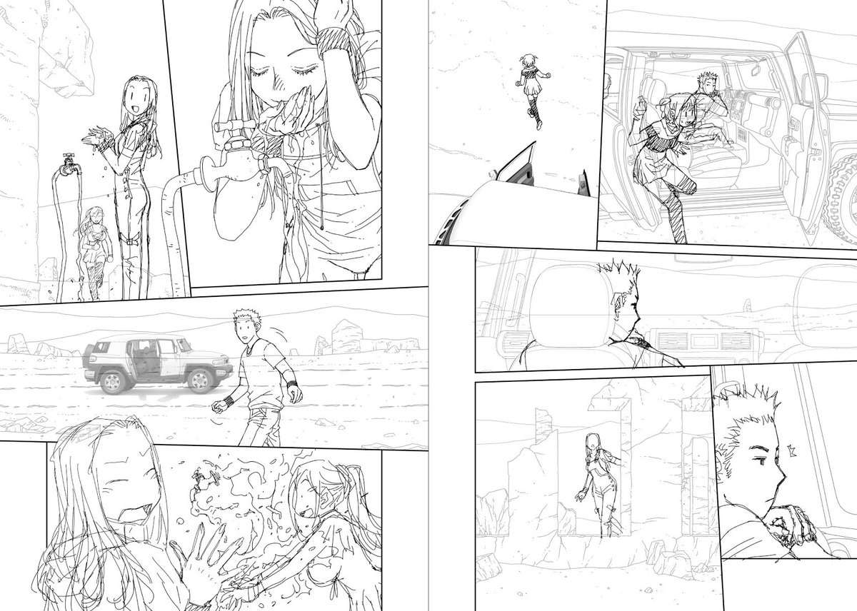 寒い…昼間は久々の晴天で夏のよーな暑さだったのに、夜になったら急に寒くなって…今は温かい飲み物と服装が冬仕様です(^^;;
梅雨寒ってやつですな〜(T△T;)

見開き単位で作業してた連載の下描き
台詞フキダシ擬音無しバージョン…49↓ 