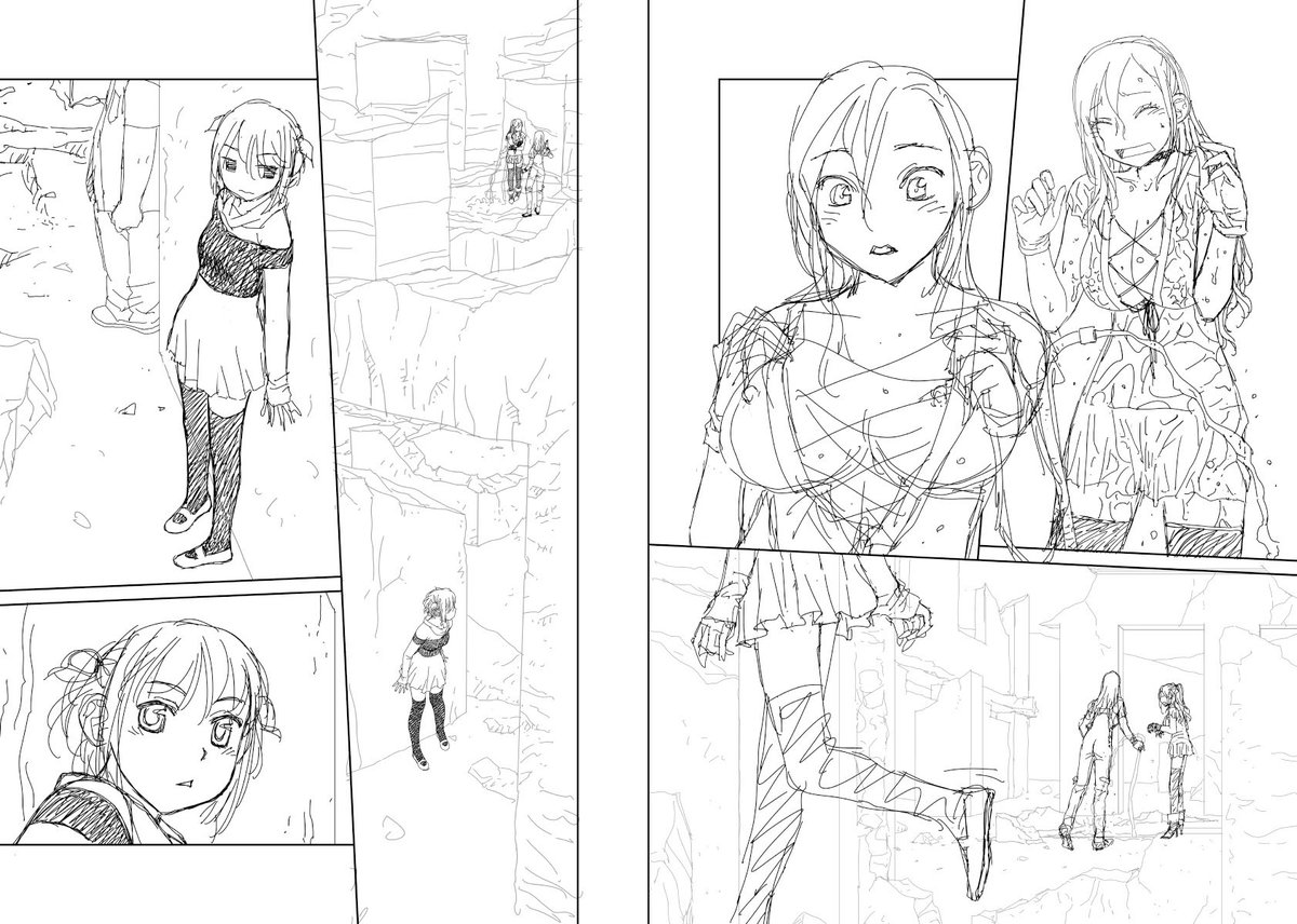 寒い…昼間は久々の晴天で夏のよーな暑さだったのに、夜になったら急に寒くなって…今は温かい飲み物と服装が冬仕様です(^^;;
梅雨寒ってやつですな〜(T△T;)

見開き単位で作業してた連載の下描き
台詞フキダシ擬音無しバージョン…49↓ 