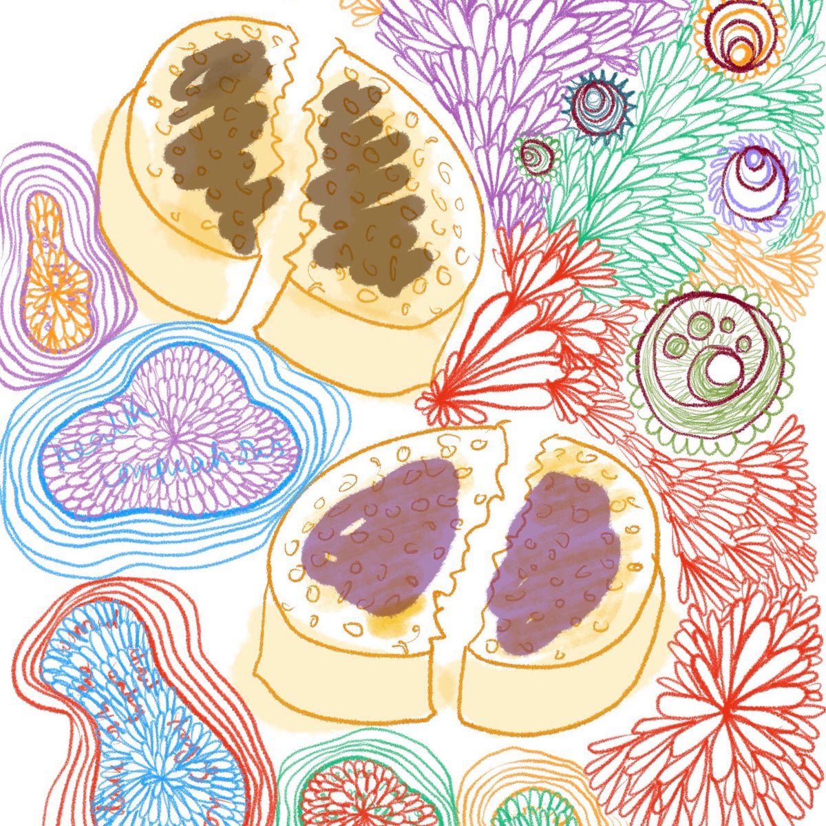 mindfuldrawing's tweet photo. If you want to draw but aren’t sure what, you can always start with breakfast.

 Crumpets with marmite and with jam by @LornaJohnstone from @mindfuldrawing 😋 

#mindfuldrawing #breakfast https://t.co/dx5Lb2N7vl