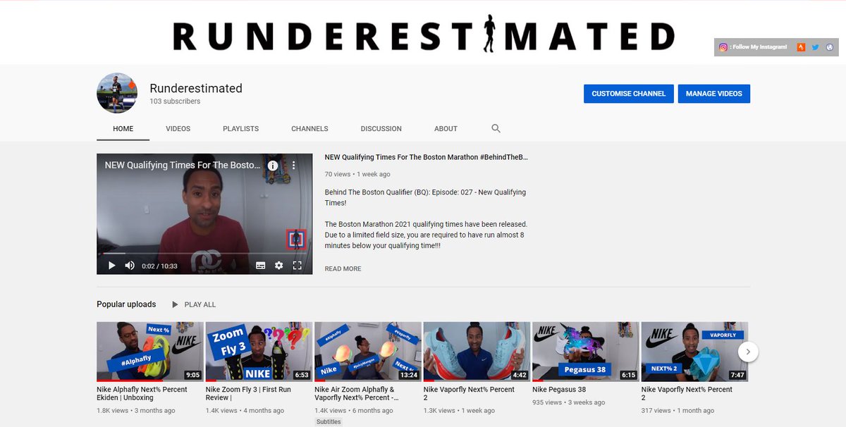 100 Subscribers on YouTube!
So happy to claim my unique URL.
youtube.com/runderestimated 
The next phase of this wild journey continues!

#Youtube #Running #Marathoner #RunChat #WorldMarathonMajors #BostonQualifier #BQ #Journey