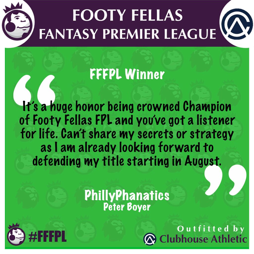 FootyFellasPod's tweet photo. And there you have it! After 38 weeks of blood, sweat, and frustrating Pep line-ups we have our first Footy Fellas Fantasy Premier League champion!! 

Congratulations to PhillyPhanatics 🏆

And big thanks to @clubhouseatltc for making this all possible ❤️

We’ll cya in ‘22 #hags https://t.co/9gYOMH5cIA