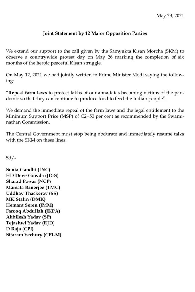 12 opposition parties extend their support to 26 May All India Protest Day.