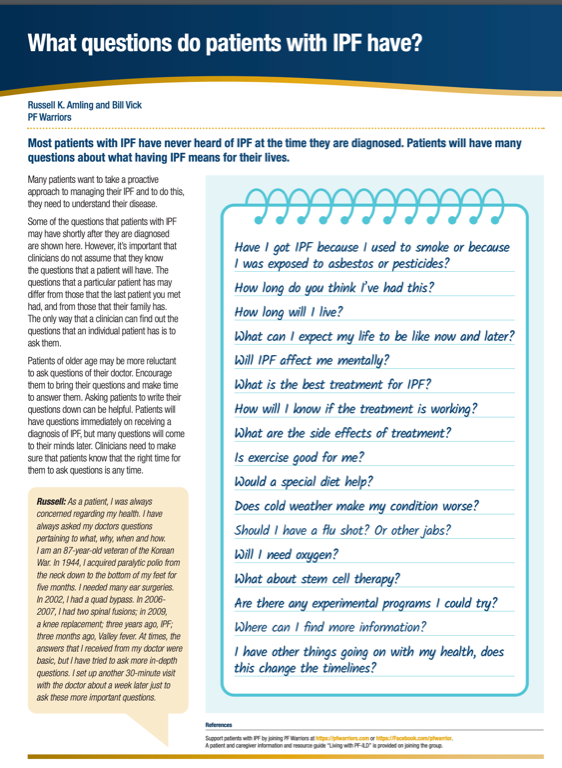 PFWarrior's tweet photo. Honored to have the PF Warriors member Russell Amling comment on the questions for review between an ILD Doctor and Patient. #CurePF #PFWarriors #Chestnet #https://bit.ly/3wvU6Kv https://t.co/VTeq7SuDws