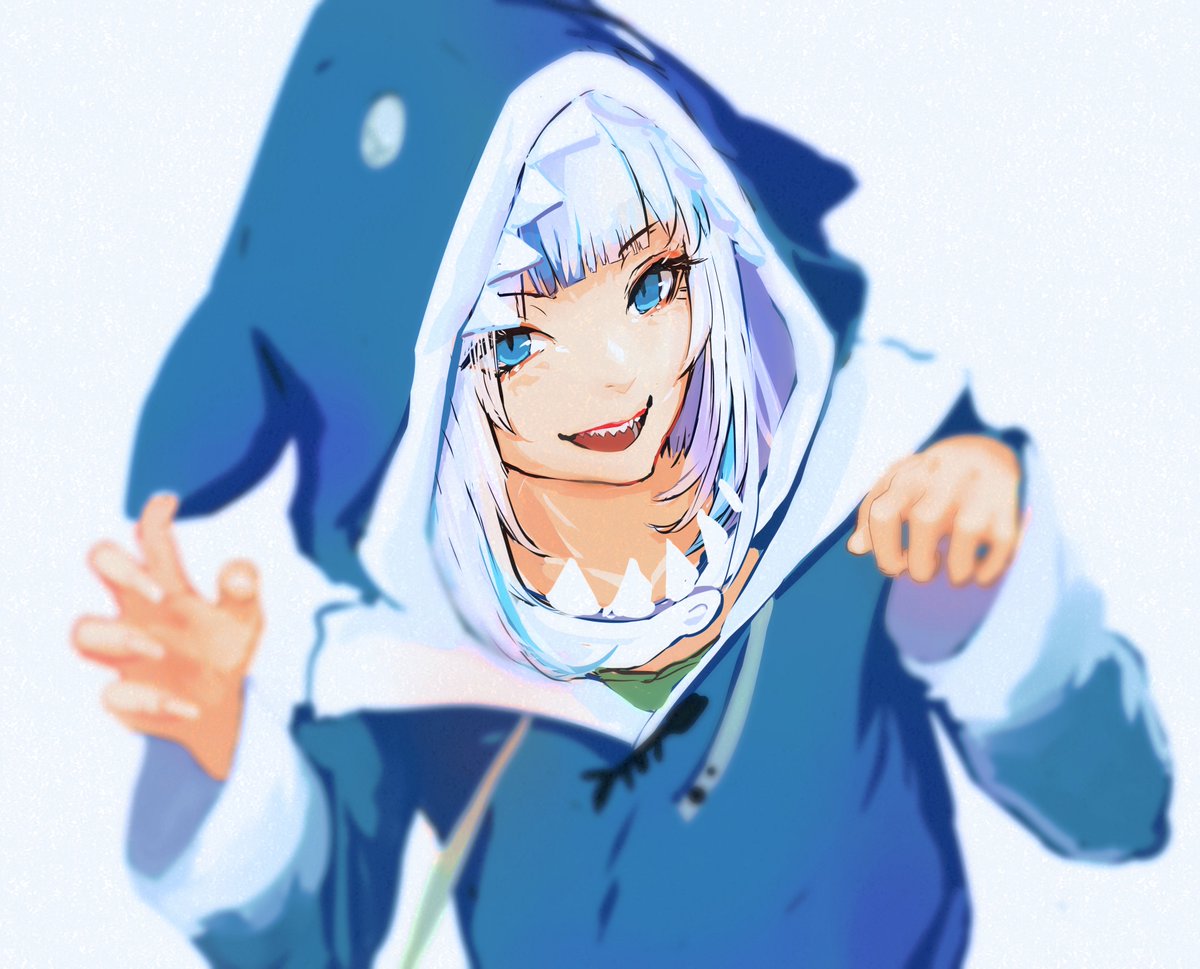 gawr gura 1girl solo hood blue eyes sharp teeth shark hood open mouth  illustration images