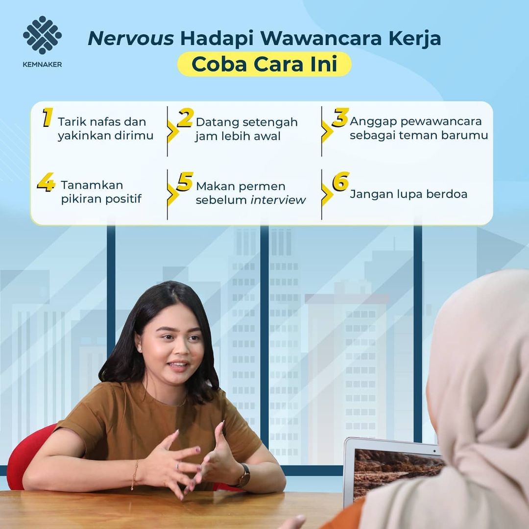 KemnakerRI's tweet photo. Rekanaker sedang bersiap menghadapi wawancara kerja besok? Berikut tips agar tidak nervous saat wawancara kerja.
👇
#TipsKerja https://t.co/GSwBnqnjzz
