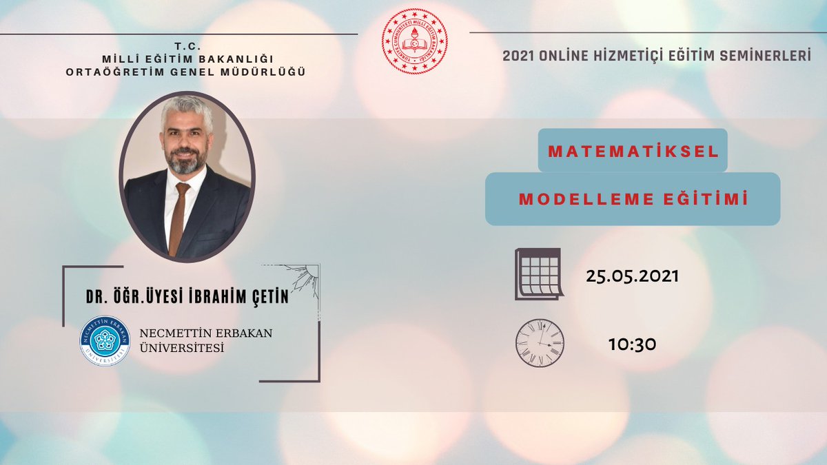 dr_ibrahimcetin's tweet image. 25.05.2021 Salı günü saat 10.30&apos;da Matematiksel Modelleme eğitimimizin ilk oturumunu gerçekleştireceğiz. 

Platformun sınırlı katılımcı alması nedeniyle Youtube yayını da yapılacaktır.

#mathematicalmodelling
@meb_ogm