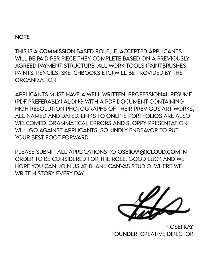 blankcanvasgh's tweet photo. we’re hiring! a new position has opened up at B|C Studio for a resident artist to join the team and help push ghanaian art &amp; streetwear farther than it has ever gone.

all applicants should submit their resumes &amp; portfolios to 📬 oseikay@icloud.com to be considered for the role! https://t.co/QSy5ZTGT39