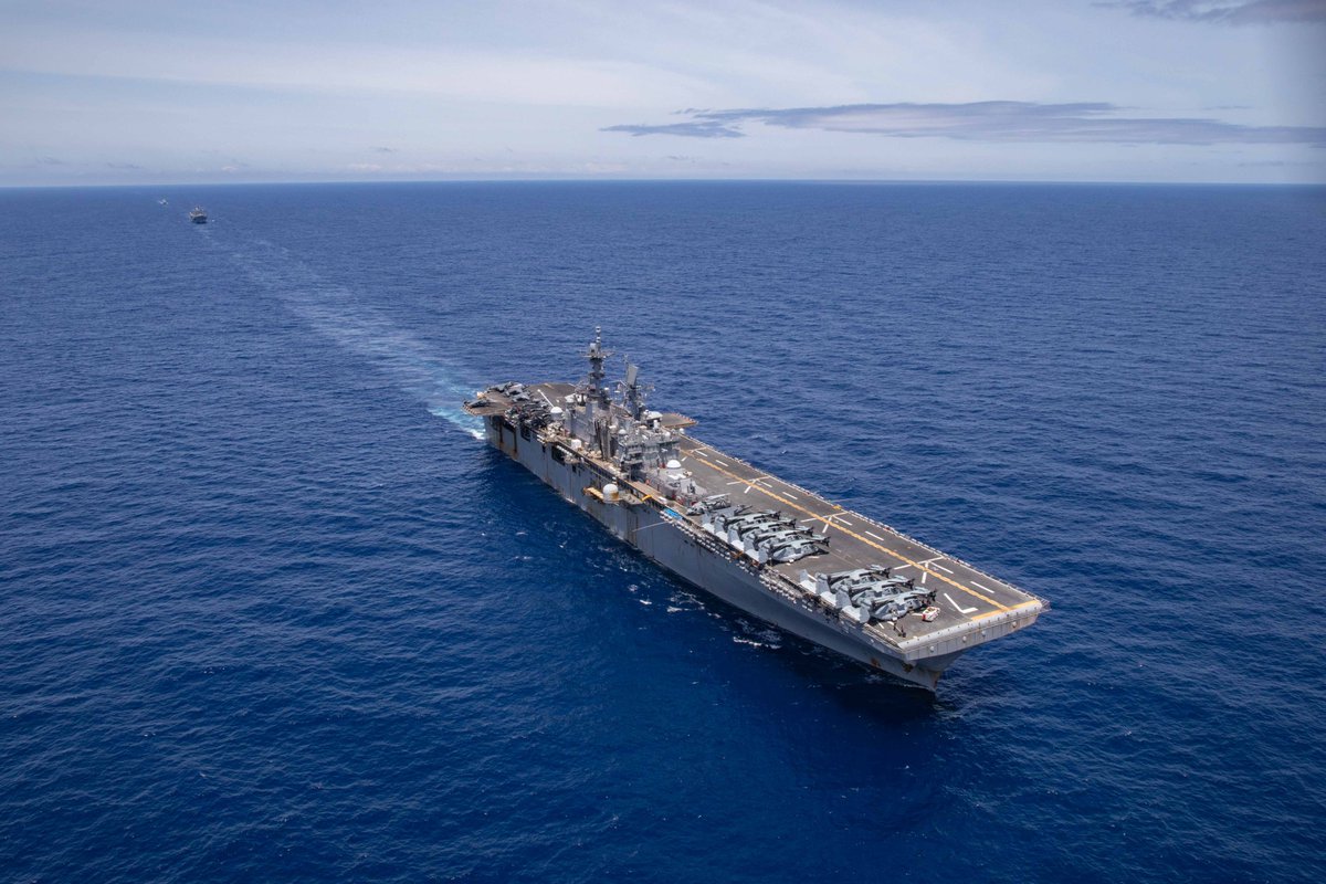 JFCNorfolk's tweet photo. @USNavy USS Iwo Jima @USSMountWhitney and NRP Alvares Cabral (F 331) transit in formation during @NATO’s joint and combined exercise #SteadfastDefender2021. https://t.co/iuphJ5vJ7s