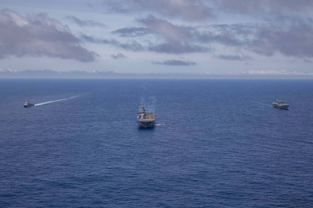 JFCNorfolk's tweet photo. @USNavy USS Iwo Jima @USSMountWhitney and NRP Alvares Cabral (F 331) transit in formation during @NATO’s joint and combined exercise #SteadfastDefender2021. https://t.co/iuphJ5vJ7s