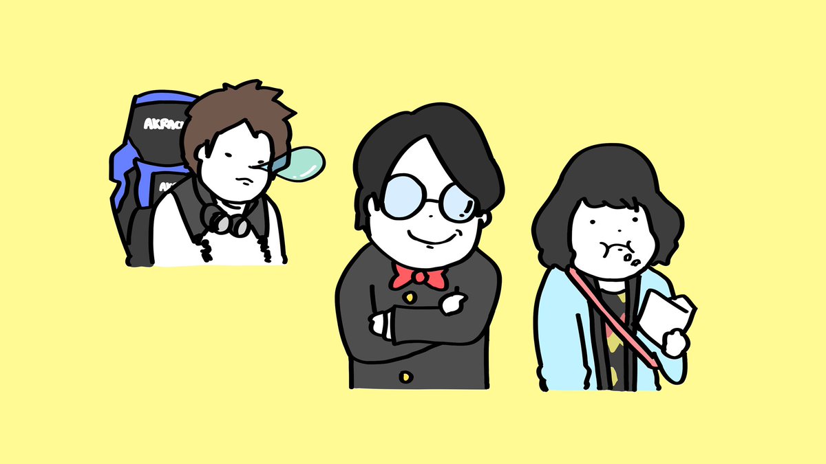 multiple boys yellow background crossed arms black hair glasses 3boys nose bubble  illustration images