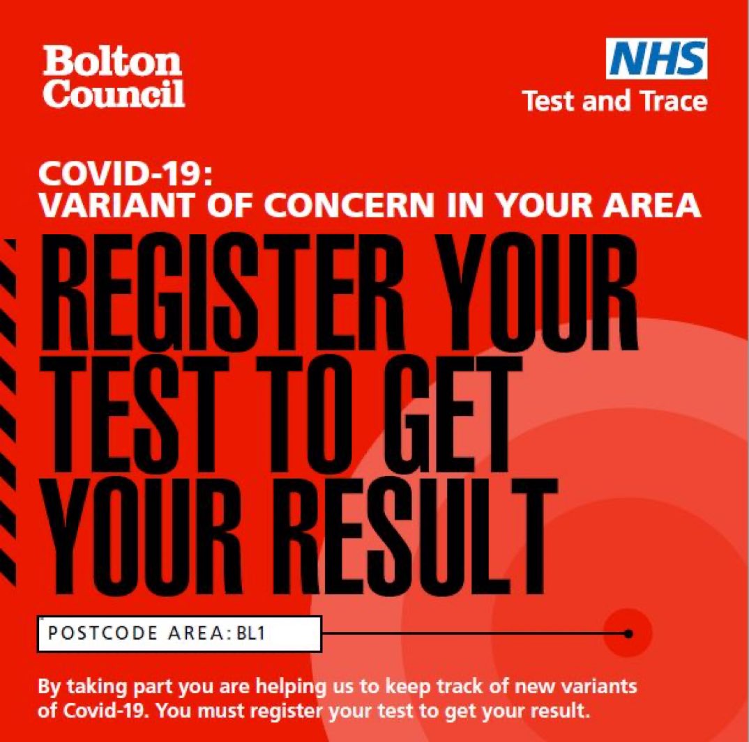 📢BL1  Residents.

Don’t forget to register your PCR TEST before you hand it back or drop it off at a mobile testing unit so that you are notified of the result. 

You can:

💻Go to test-for-coronavirus.service.gov.uk/register-kit
📞or  Call 119 to register a test.