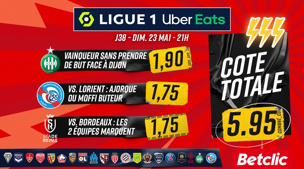 Betclic's tweet photo. 🔥 Il est là ! Le #CombiBetclic de la dernière journée de @Ligue1UberEats !

On offre 5 x 10€ de Freebets dans les RT si ça ne passe pas 🤑 https://t.co/1YxDzBCV2e