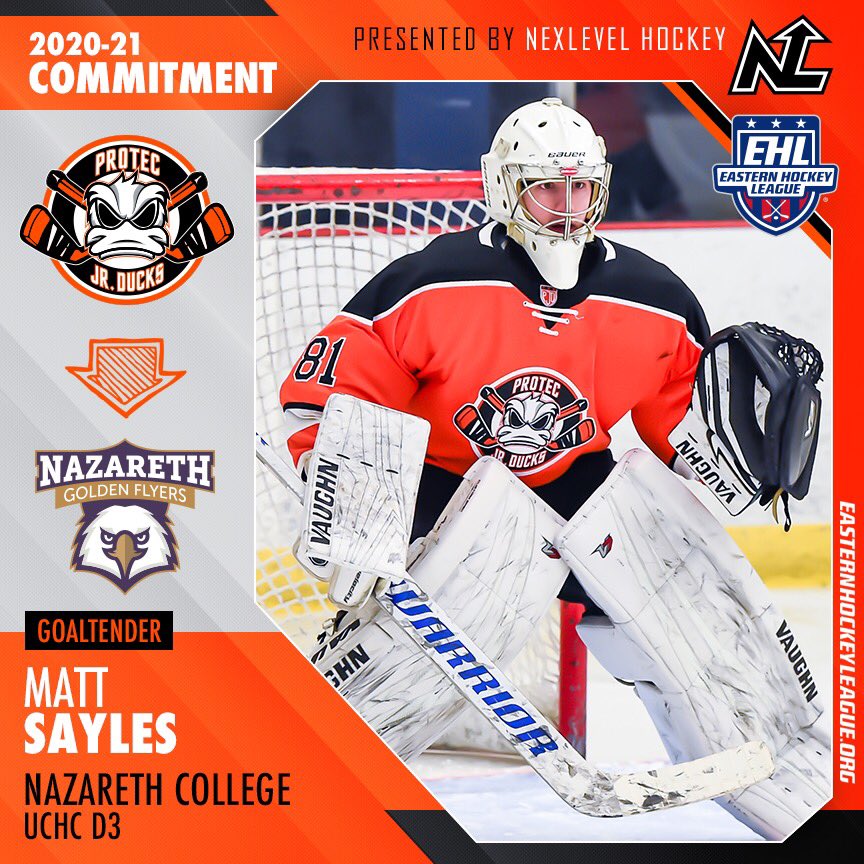 EHL_Hockey's tweet photo. 🚨NEXLEVEL COMMITMENT🚨

Sayles Commits to Nazareth College

Ducks Goaltender Set to Join Golden Flyers this Fall

🔗- https://t.co/XIILhhM5p4

#EShow | #PathToCollege https://t.co/oMxOdQrFLR
