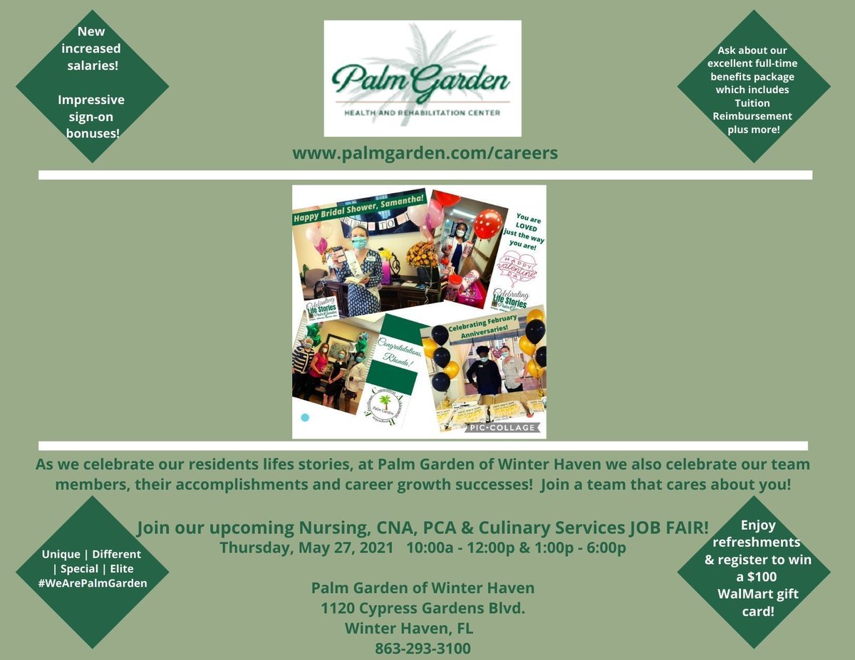 PGRecruit's tweet photo. Join a team that cares about you! Palm Garden of #WinterHaven cordially invites you to our upcoming #Nursing, #CNA, #PCA & #CulinaryServices #jobfair on May 27th from 10a-12p & 1p-6p! Visit: https://t.co/FfkE3T5F7w to submit your resume or contact our center directly! @FHCA https://t.co/oUpI050EuF