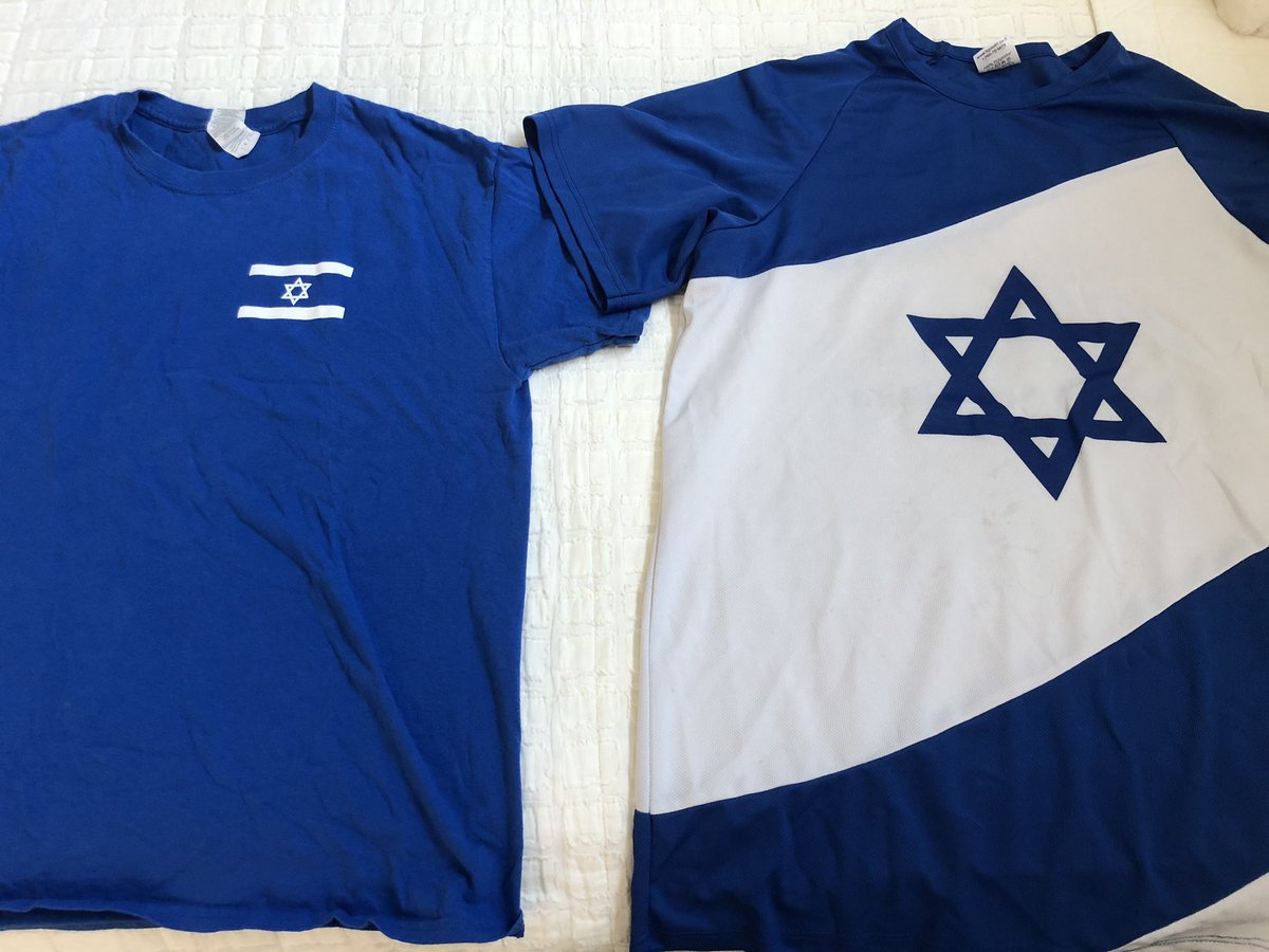 The Pro-Israel movement is fully engaged and mobilized. Rallies are happening across the country. America stands with Israel. 🇺🇸🇮🇱 

I am getting ready. 

Kippah from 🇮🇱 ✔️
Large 🇮🇱 Flag ✔️

Which 🇮🇱 shirt should I wear? 🤔