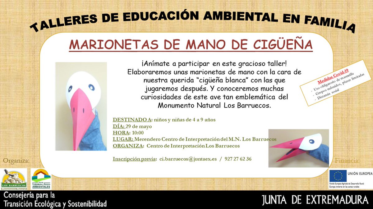 ¿Queréis conocer a fondo las características de nuestra querida cigüeña blanca? Desde el Centro de Interpretación os proponemos pasar una mañana agradable hablando de esta ave y creando con los más pequeños de la casa unas divertidas marionetas de mano de cigüeña.