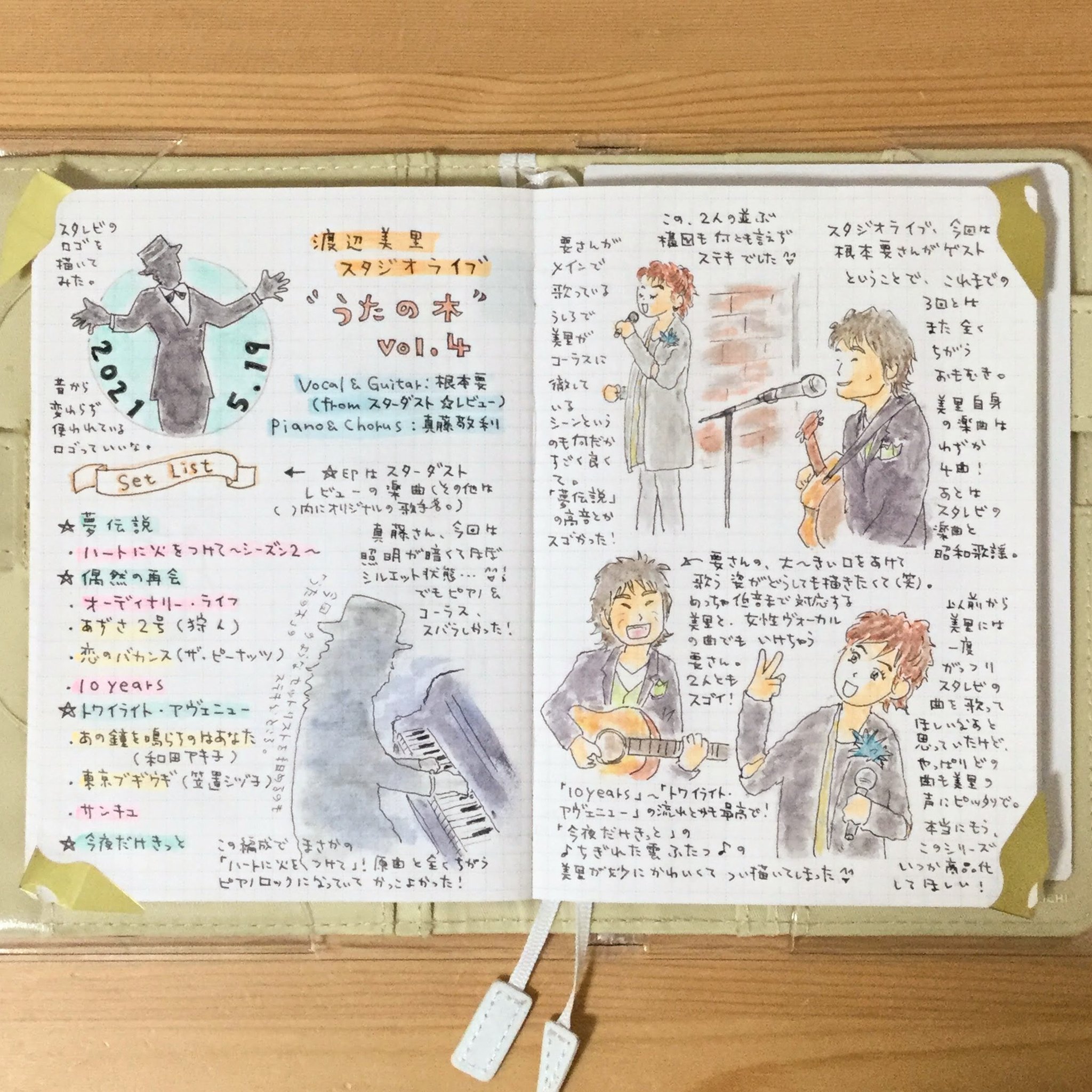 Maki スタレビ 根本要 さんゲストの 渡辺美里 スタジオライブ うたの木 Vol 4 セットリスト Amp 感想絵日記 要さんがゲストなのでスタレビのロゴも入れてみたりして 真藤敬利 さんは照明が暗くてお姿があまり見えなかったので イラストもシルエット