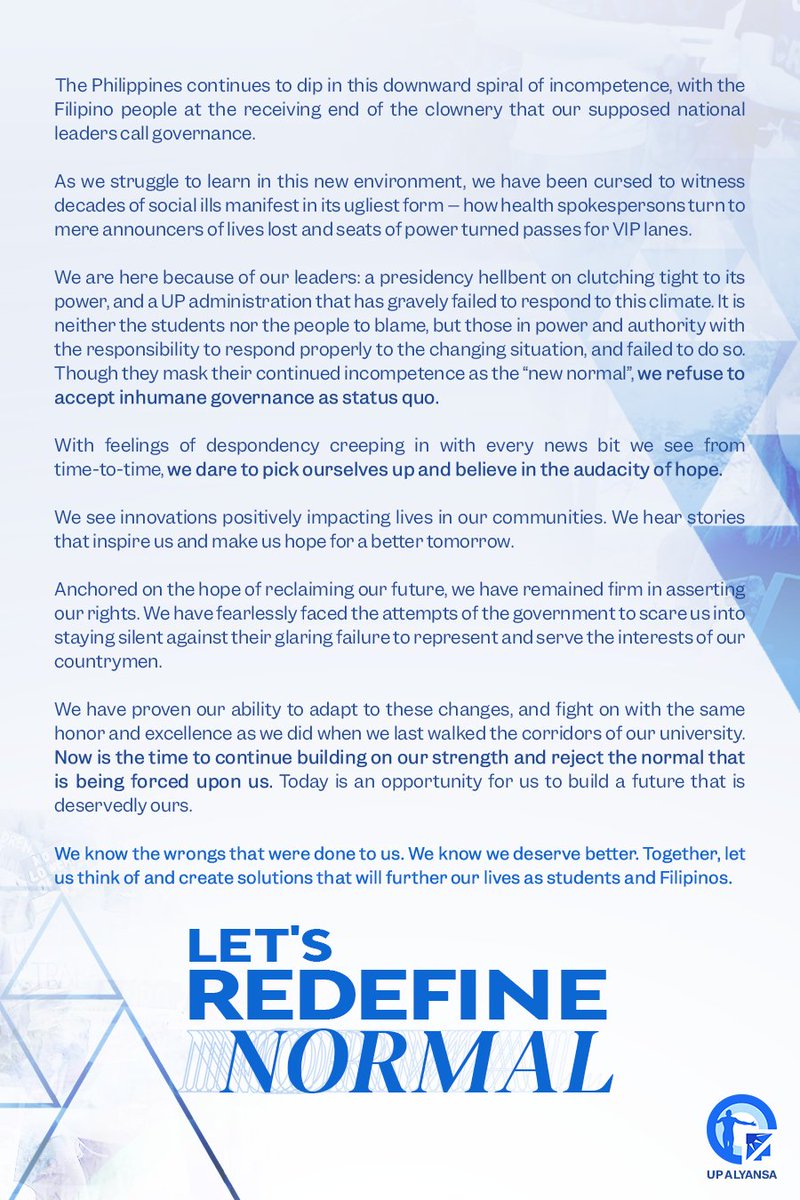 upalyansa's tweet photo. We know the wrongs that were done to us. We refuse for inhumane governance to become status quo. We know we deserve better. Together, let us think of solutions that will reconnect us as students, as Filipino people. UP, let’s #RedefineNormal. https://t.co/sjJVfcilQ9