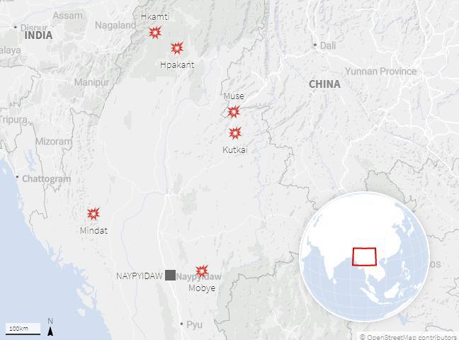 AlexMyanmar13's tweet photo. Red dots indicate places of the battle zone between EAOs and terrorist(SAC). Conflicts are intensifying day by day.  #WhatsHappeningInMyanmar  #May23Coup  #MinDatUnderSiege https://t.co/y2IBNii0wd
