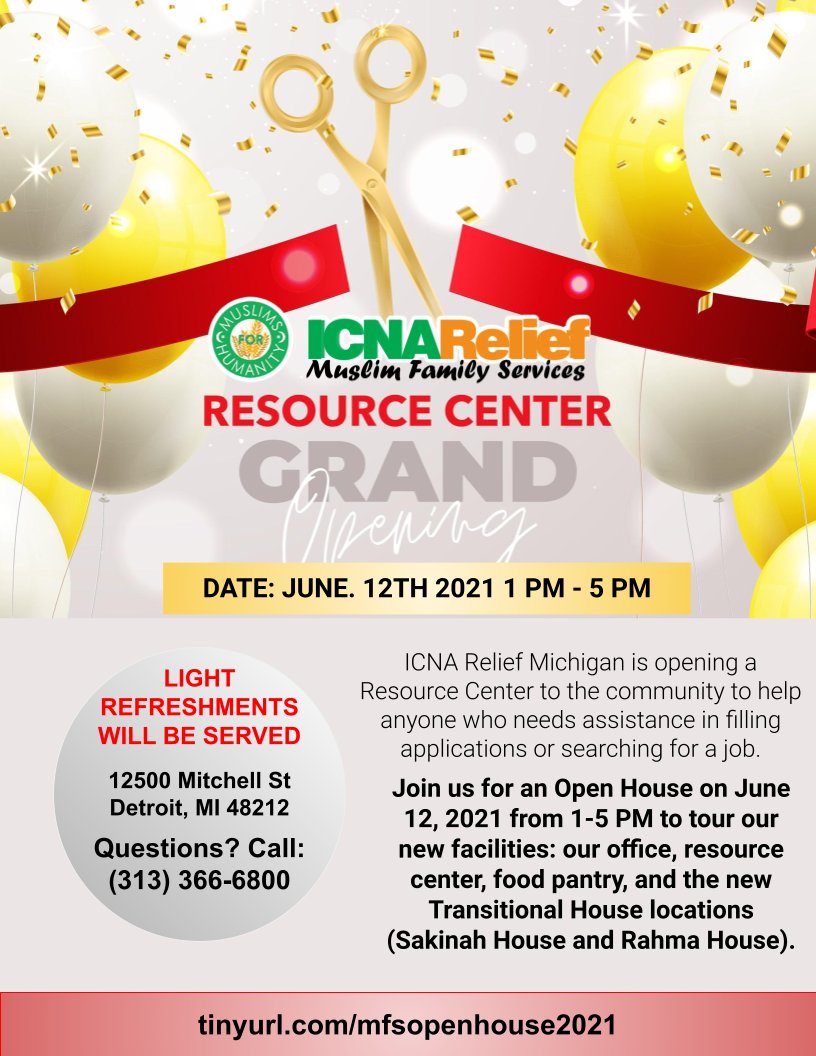 Salaam everyone! Join us for an Open House on June 12, 2021, from 1-5 PM to tour our facilities.
Meet us at our new office:
12500 Mitchell St
Detroit, MI 48212
Confirm your availability:
tinyurl.com/mfsopenhouse20…
See you soon!
-
-
#nonprofit #detroit  #michigan #OpenHouse