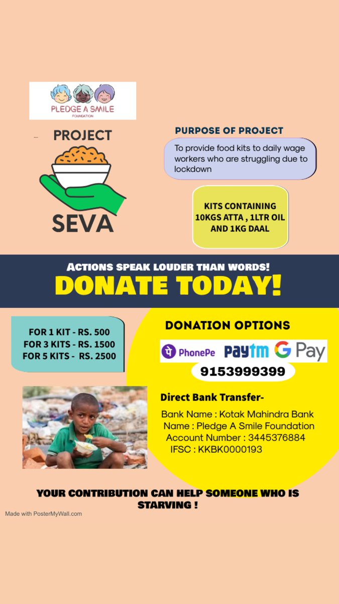 krishna12591267's tweet photo. "Hunger is threatening to kill more people than COVID"
Let's help those who are starving..Together we can save them, Let's contribute..Your contribution can help someone..
DONATE if your are capable of..Even a small amount can make a difference🙏🙏
#pledgeasmile
#ProjectSeva https://t.co/8NvbGtG1sA