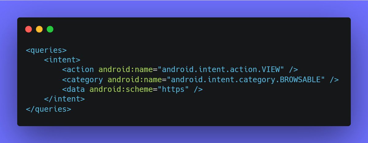 AlfaJackob's tweet photo. Another Sunday lesson:
When your target is Android 11 (SDK 30) your app won't be able to open a web browser (eg. web links won't work).
From Android 11 you have to declare in your manifest you want to open another apps (like browsers) https://t.co/zaRGXgKbqD