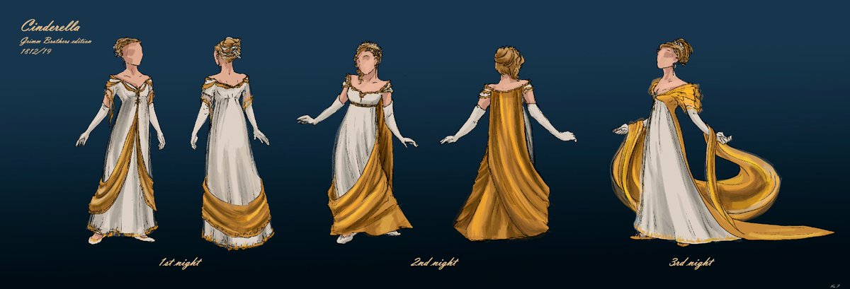 Three gold and silver dresses for the Grimm Brothers' 1812 version of  Cinderella.