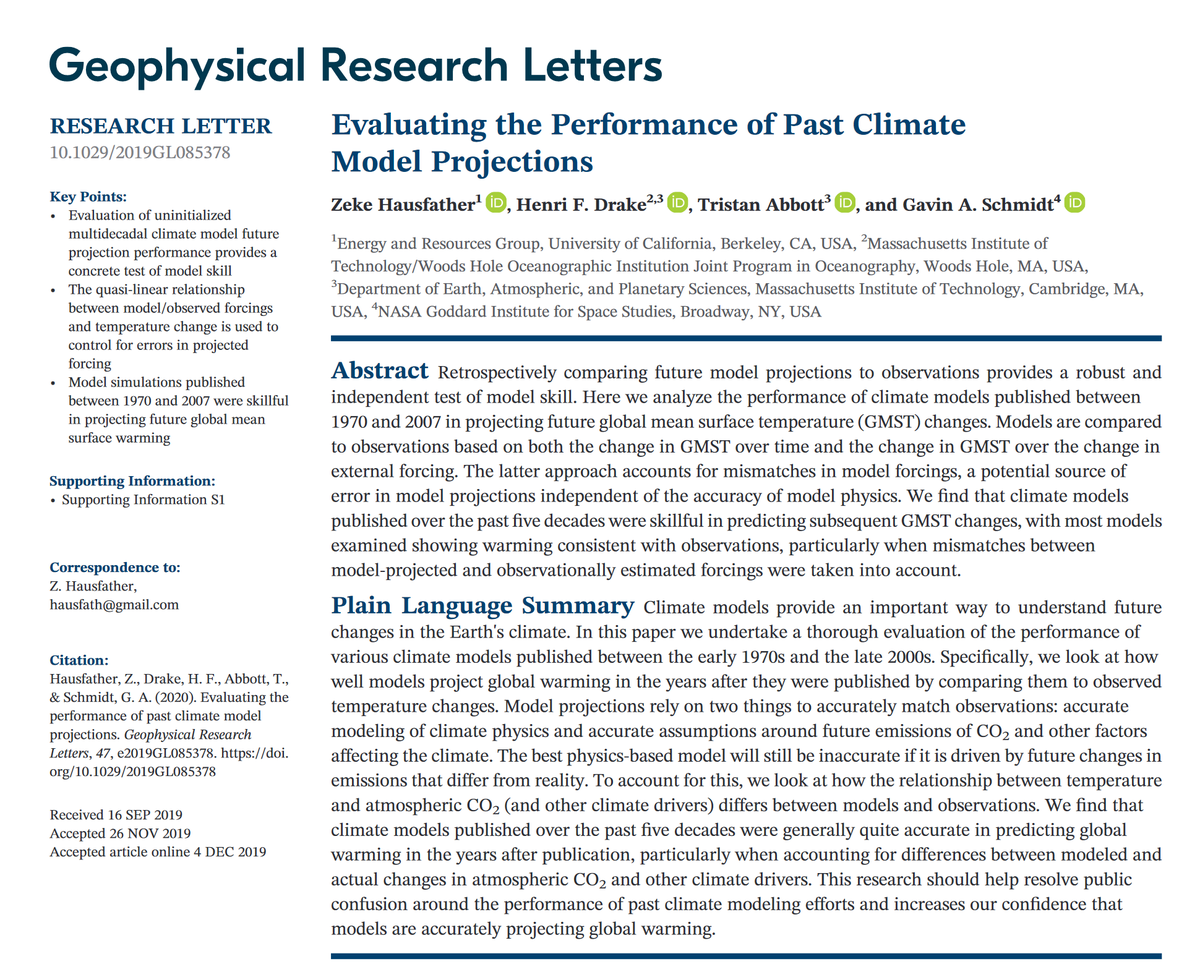 emollick's tweet photo. Good news for climate science/bad news for humanity: this paper reviews past climate modelling going back to the 1970s &amp; finds that models for projecting global warming have been pretty accurate for decades, especially when adjusted for actual CO2 levels. https://t.co/C9lBJpmvqo https://t.co/aARdVunfxM