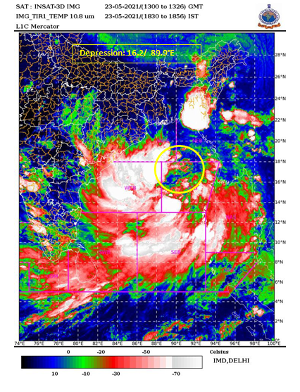 Indiametdept's tweet photo. Depression over eastcentral Bay of Bengallay lay centred at 1730 hrs IST of today, the 23rd May, 2021 about 590 km north-northwest of Port Blair. To intensify into a Cyclonic Storm by 24th May morning and further into a Very Severe Cyclonic Storm during the subsequent 24 hrs. https://t.co/LecHxMwDC7