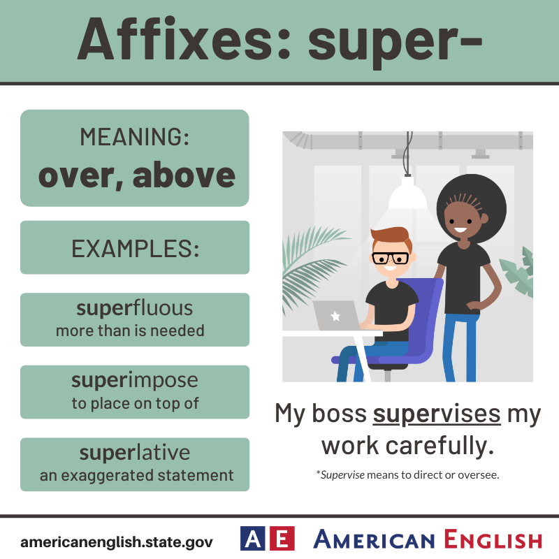 ASIsfara's tweet image. In English, we sometimes describe our supervisor as being above us. Something that is superfluous is more than needed. The prefix super- means over or above. Check out the examples below and try them out in a sentence. #AmericanEnglish #Affixes #LanguagePoint