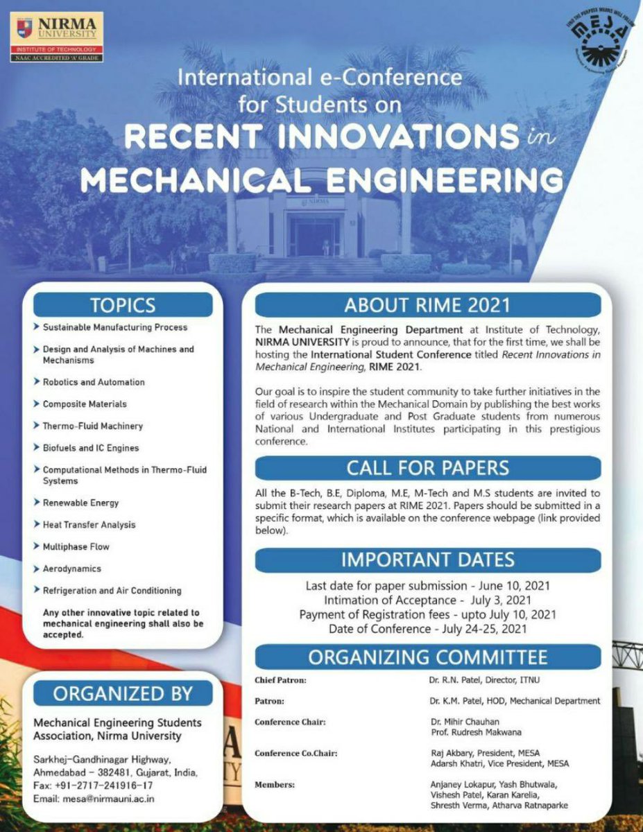 devanshu_tm's tweet photo. The Mech Engg Dept at Institute of Technology, #NirmaUni aims to inspire the students' community to take further initiatives in the field of research within the Mechanical Domain by publishing the best works of various UG &amp; PG students at #RIME2021

Visit
https://t.co/15jCvdp9FQ https://t.co/y2ryK0vDll
