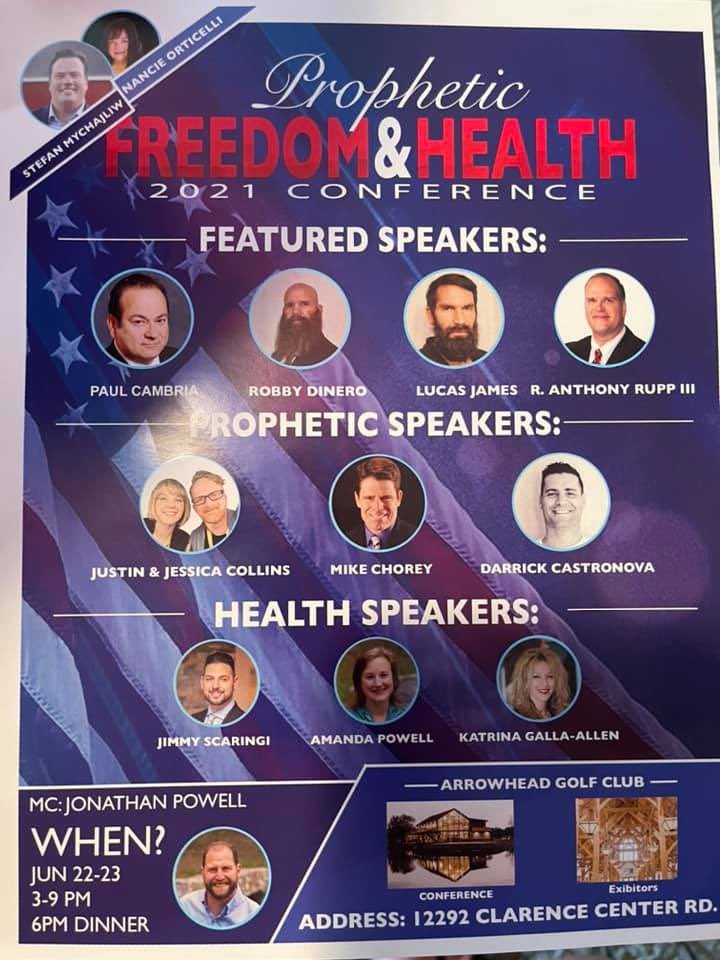 WNYAntiRacist's tweet photo. This is some of the weirdest shit I’ve seen come out of these far right groups locally.  The Prophetic Freedom and Health conference is sure to be filled with the least-in-touch-with-reality people in WNY.  Are these people really attempting to share prophecies?  Lol https://t.co/v3tnjaloAT