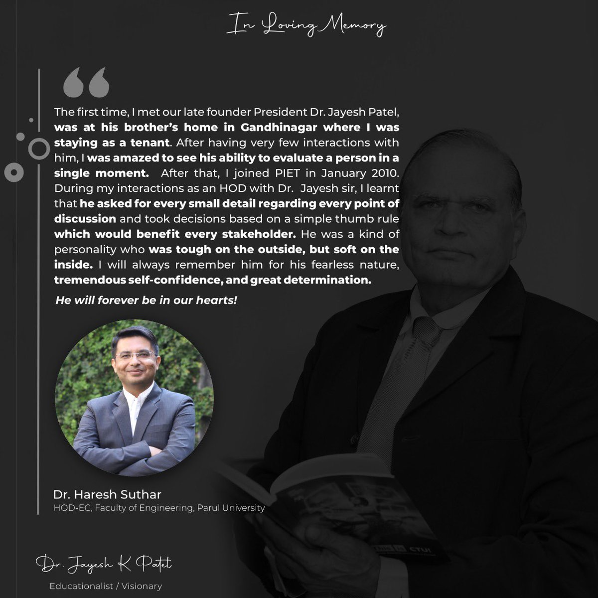 drdevanshupatel's tweet photo. “During my interactions as a Head with Jayesh sir, I Learnt that he asked for small details regarding every point of
discussion and took decisions based on simple thumb rule which would benefit every stakeholder”: Dr Haresh Suthar, in testifying about our Late Founder President https://t.co/H11BmQB066