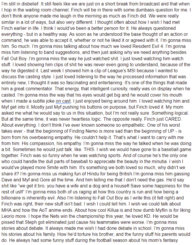 Aggro's tweet image. My dad told me that something that has helped him grieve is to just open up a blank sheet, and let directionless words flow out of you. And to then share it with those who also loved Finch. I think that's all of you. So this is my grief. I hope it helps. I'll miss you, Finch.