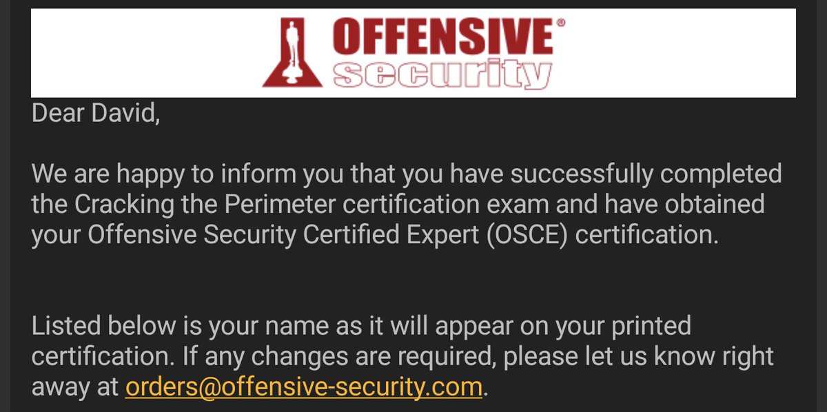 RealDaveGER's tweet image. Uhhh yes.
Big thanks to the @offsectraining team. I am now a happy #osce, #oscp, #oswp graduate. But I will continue to #tryharder