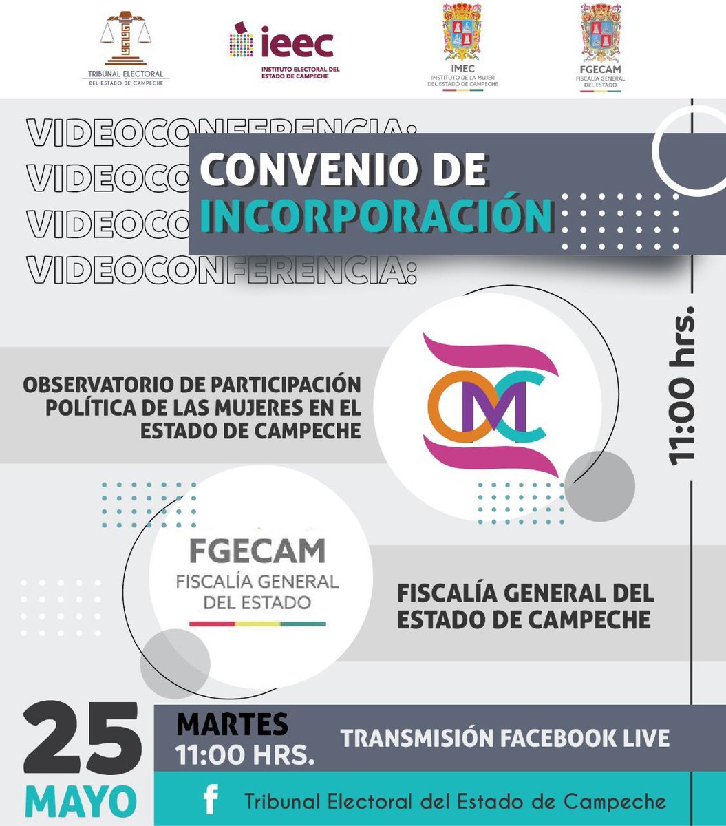 Oppmujerescamp's tweet photo. ✉️ INVITACIÓN | Te invitamos a la firma de convenio de incorporación que celebrará el #OPPMC, que preside el #TEEC, con la Fiscalía General del Estado de Campeche #FGECAM
🗓 25 de mayo.
🕚 11:00 hrs.
Sigue la transmisión aquí👇
🖥️ FB live: https://t.co/gRdDTPvP75 https://t.co/0bIJjzdf5O