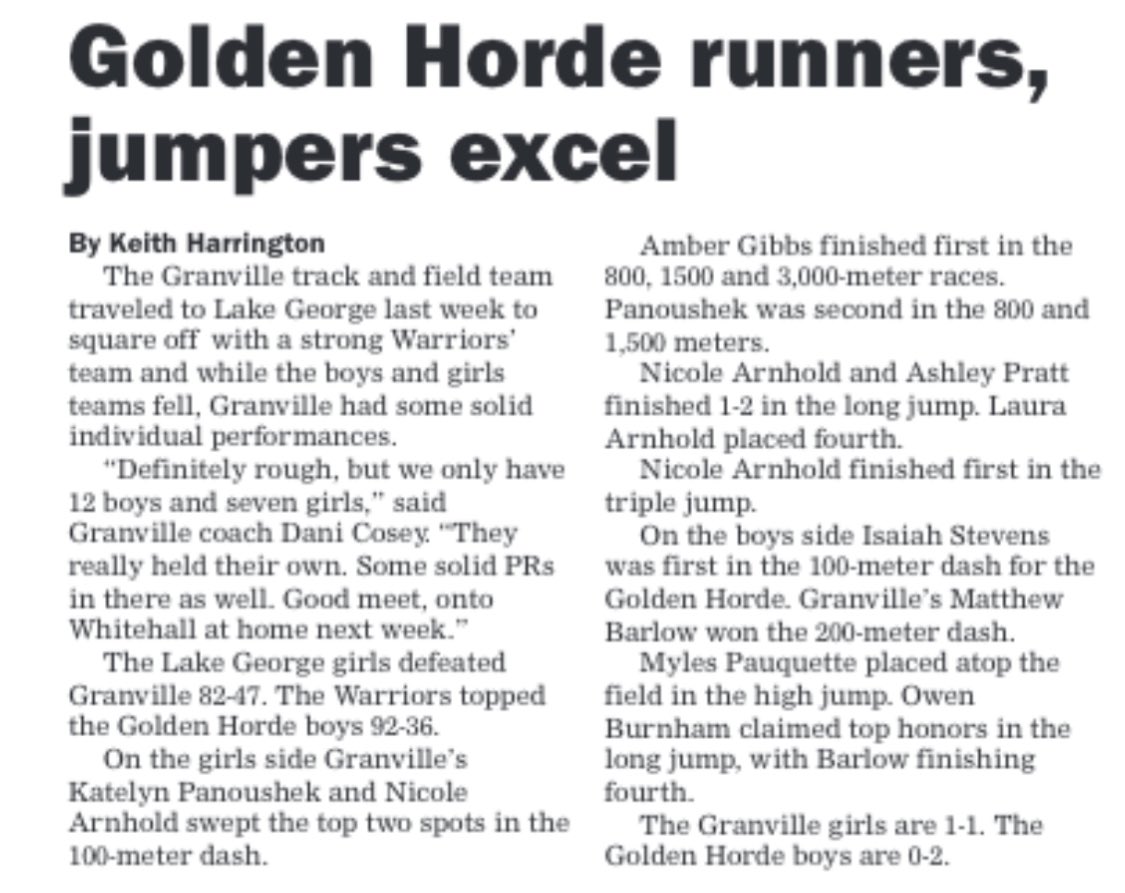 MrsCosey3's tweet photo. A couple of great highlights from our first two meets in the Granville Sentinel. Dual meet 4 coming up this Wednesday at Salem! #GoHorde πͺπ»ππ»ββοΈππ»ββοΈ https://t.co/vD79T2V4HQ