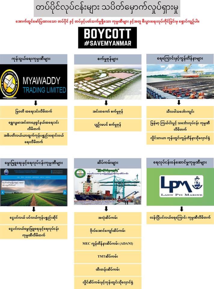 tweetforburma's tweet photo. We must boycott #WhatsHappeningInMyanmar #SaveMyanmar #May23Coup https://t.co/A9KMwsN40F