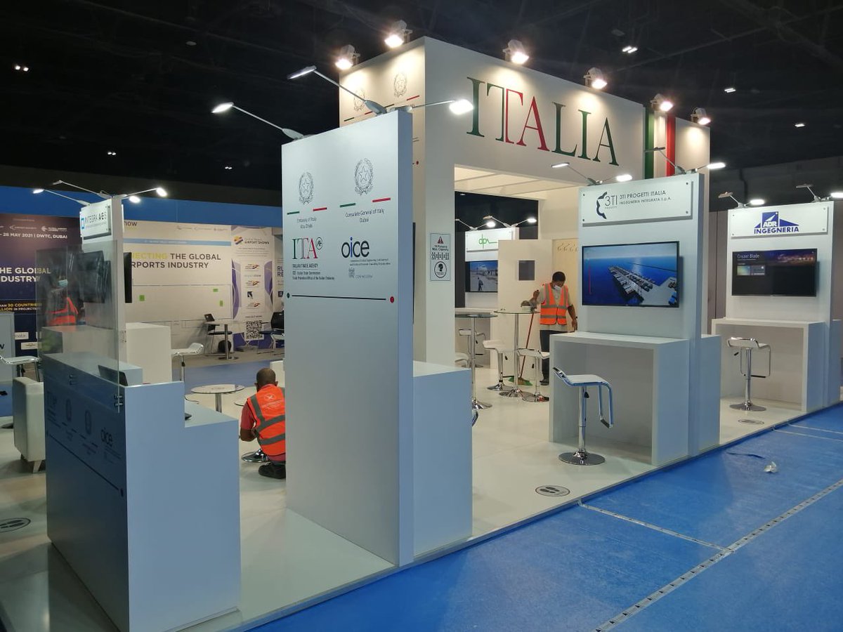 ITADubai's tweet photo. All is ready @DWTCOfficial for #tomorrow inauguration  of @AirportShow1 live in presence: #Italy 🇮🇹 is the largest foreign participation. Scan the #qrcode &amp; download @ITAtradeagency  #OICE catalogue  here…while we finish to sanitize our stands for receiving all in #SafetyFirst https://t.co/jPNBH0Iaup