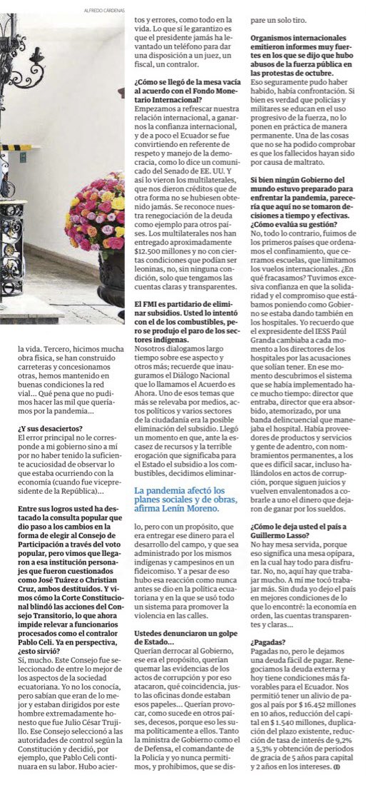 Lenin's tweet photo. Les comparto la entrevista de hoy en @eluniversocom. Han sido 4 años de desafíos y logros importantes. 

Dejamos un 🇪🇨 mejor del que recibimos, en plena democracia, con libertad y cuentas claras, siempre cuidando a los más vulnerables.

¡#GraciasEcuador! https://t.co/kh91IPQ3in