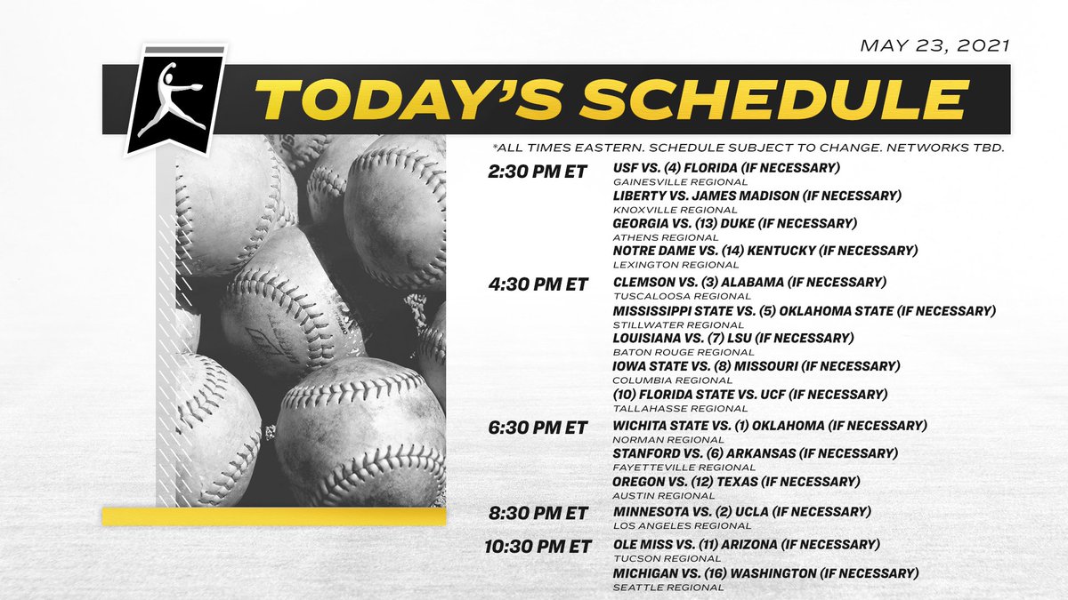 It's a Sunday full of softball today as we will find out all 1️⃣6️⃣ teams who are heading to Super Regionals! Here's all of the info you need to keep track of today's matchups.

🔗 on.ncaa.com/737lqg
📲 on.ncaa.com/WCWSApp

#RoadToWCWS