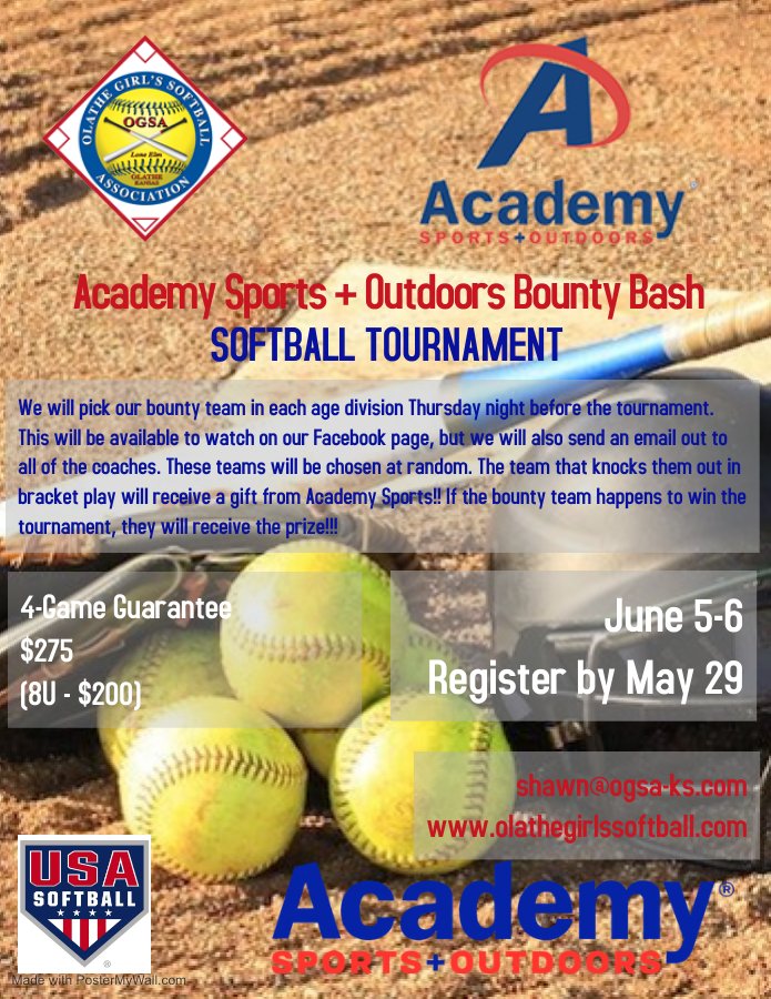Academy Sports + Outdoors Bounty Bash Softball Tournament is just around the corner.  40 teams so far!!!  Get signed up today!

gfp.tournamentusasoftball.com/i!/tournaments…