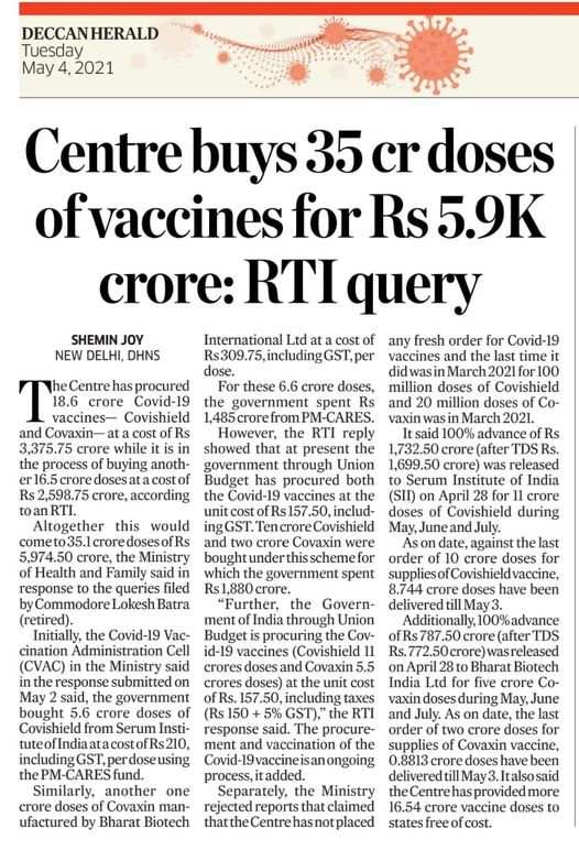 <a href="/MoHFW_India/">Ministry of Health</a> 
Tell the nation complete schedule of procuring balance Covid-19 Vaccines Doses of total 35.1 Crore  doses for which payment is already done.

May 23, PIB release mention: "21.80 crore vaccine doses provided to States/UTs &amp; More than 1.90 Crore doses still available"