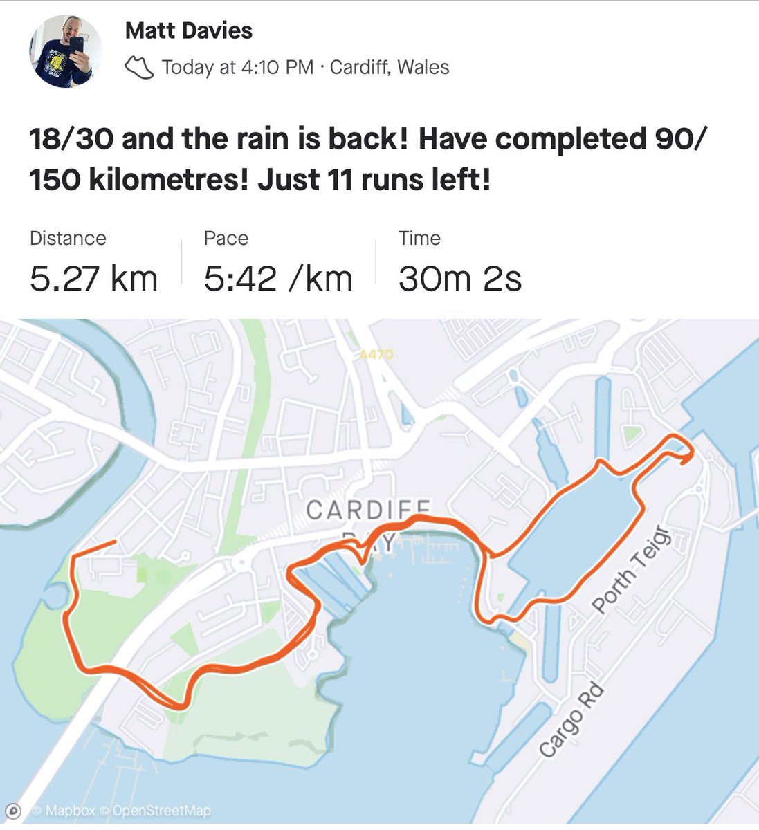 MattRunsWales's tweet photo. 18/30 and the rain is back! Have completed 90/ 150 kilometres! Just 11 runs left! https://t.co/oXVRMHJNEg
