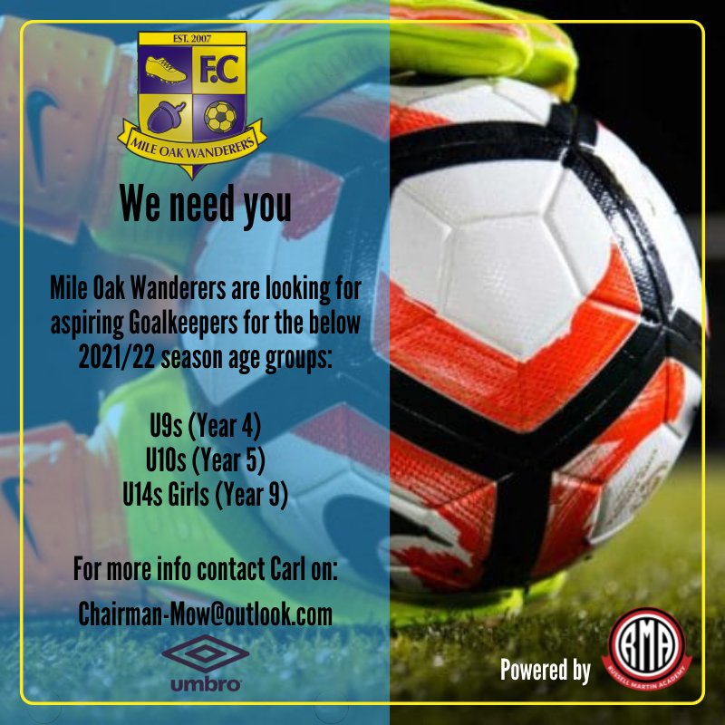 MOWFC's tweet image. Mile Oak Wanderers have several playing opportunities for young aspiring Goalkeepers across some of our age groups for the upcoming 2021/22 season.

For more information please contact Carl at: chairman-mow@outlook.com
